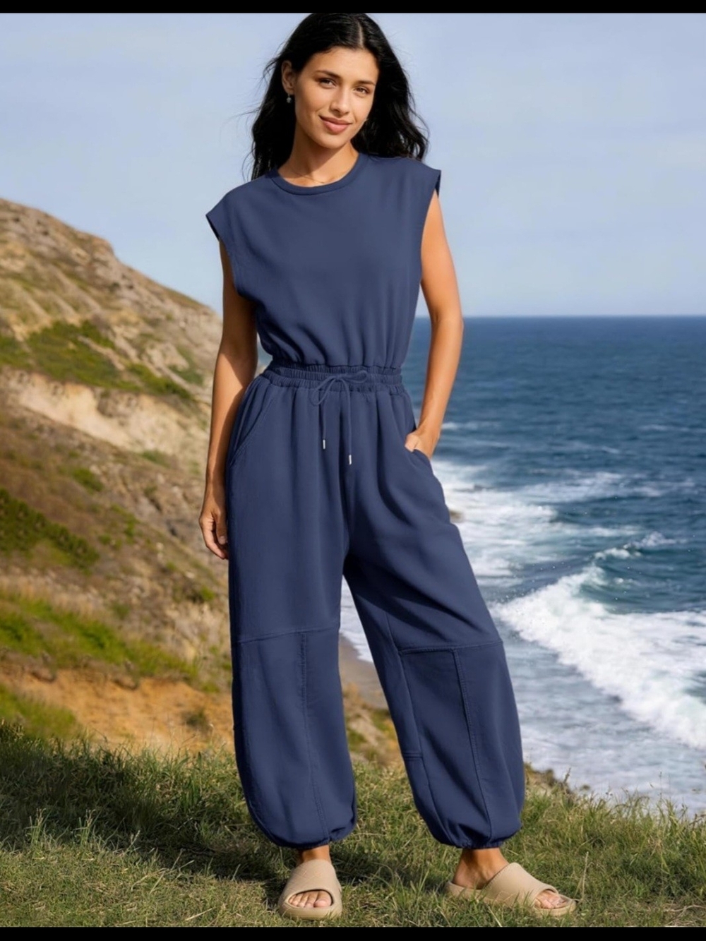 Flygo Casual Jumpsuit Crewneck Cap Sleeve Long Wide Leg Romper